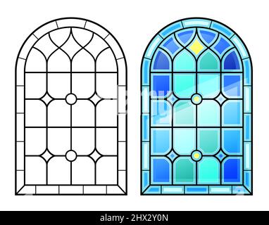 Gewölbtes, altes Fenster mit Buntglas Stock Vektor