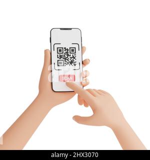 QR-Code-Scan-Konzept - menschliche Hand hält Handy mit Barcode-Scan-Prozess 3D Render Illustration. Stockfoto