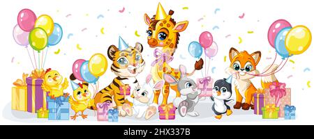 Niedliche Cartoon Tiere Bordüre Design für Kinder Geburtstag und Party Einladung. Niedliche Tiere im Cartoon-Stil. Vektorgrafik isoliert auf weißem Hintergrund Stock Vektor