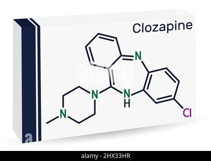 Clozapin-Molekül. Es ist Dibenzodiazepin, atypisch antipsychotisch, neuroleptisch. Wird zur Behandlung resistenter Schizophrenie verwendet. Chemische Formel des Skeletts. Stock Vektor