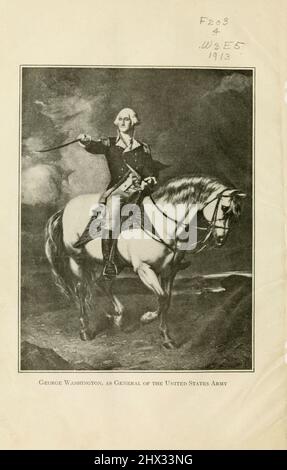 George Washington: Als General der United States Army Equestrian Portrait ' Washington Empfangen eines Salute auf dem Feld von Trenton ' von John Faed, c. 1899 aus dem Buch "The Washington Monument Illustrated; Complete Guide and history; Authentic facts and figures; pictorial City of Washington" von Ina Capitola Emery, Published in 1913 Stockfoto