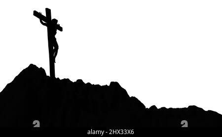 Jesus Christus gekreuzigt auf dem Kreuz am Kalvarienberg Silhouette Illustration Stockfoto