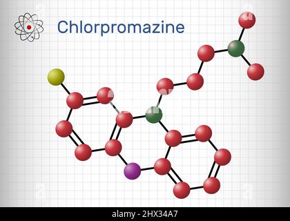 Chlorpromazin, CPZ-Molekül. Phenothiazin antipsychotisch, wird zur Behandlung von Übelkeit, Erbrechen, Angst, Schizophrenie und bipolarer Störung verwendet. Molekülmodell. S Stock Vektor