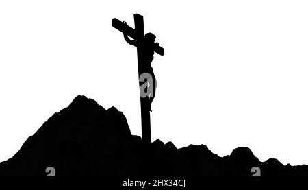 Jesus Christus gekreuzigt auf dem Kreuz am Kalvarienberg Silhouette Illustration Stockfoto