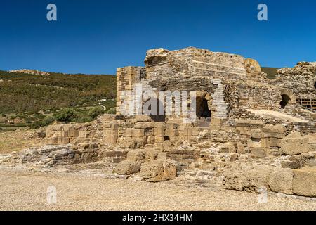 römische Ruinen von Baelo Claudia in Bolonia, Tarifa, Costa de la Luz, Andalusien, Spanien | Baelo Claudia Römische Ruinen an der Küste von Bolonia, Tar Stockfoto