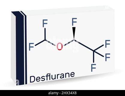 Desfluran-Molekül. Es ist Organofluorinverbindung, Inhalationsnarkozin. Chemische Formel des Skeletts. Papierverpackungen für Medikamente. Vektorgrafik Stock Vektor