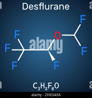 Desfluran-Molekül. Es ist Organofluorinverbindung, Inhalationsnarkozin. Strukturelle chemische Formel auf dem dunkelblauen Hintergrund. Vektorgrafiken Stock Vektor