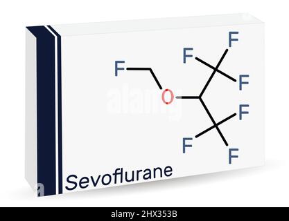 Sevofluran, Fluormethylmolekül. Es handelt sich um Inhalationsanästhetikum, das für die Vollnarkose verwendet wird. Chemische Formel des Skeletts. Papierverpackung für Arzneimittel Stock Vektor