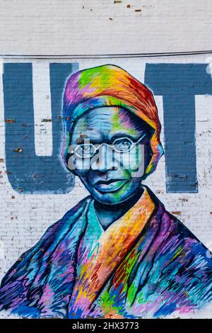 Detail des Sojourner Truth Wandbildes von Detroit Artist Sintex in der Innenstadt von Battle Creek, Michigan, USA [Künstler besitzt Copyright, keine Eigentumsfreigabe; editoria Stockfoto