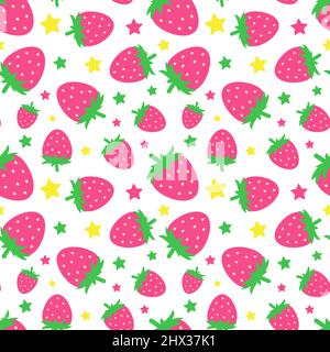 Nahtloses Muster mit lustigen Cartoon-Erdbeeren. Positiver Sommerhintergrund in rosa Tönen. Print für Textil, Geschenkverpackung, Kleidung, Interieur, Design Stock Vektor