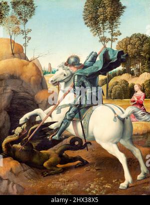 St. Georg und der Drache, Öl auf Tafelmalerei von Raphael, um 1506 Stockfoto