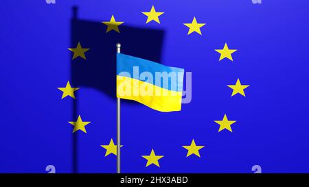 Ukraine Flagge winkt auf blauem Hintergrund. 3D Darstellung rendern. Stockfoto