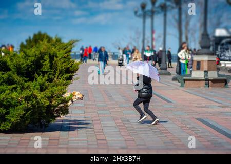 Ein Kind spielt mit einem Hund in einem Park in Kiew. Stockfoto