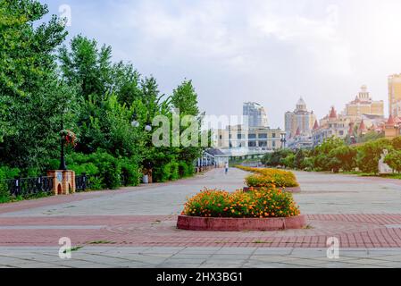 Kiew. Broad Quay Sommer mit Blumenbeeten in der Gegend Obolon am Dnjepr River.Fokus auf dem vorderen Blumenbeet. Stockfoto