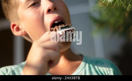 Der Junge isst Eis in Schokolade mit Nüssen. Genuss. Wird Aktualisiert. Vergnügen. Hochformat. Stockfoto