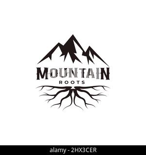 Berg Vektor Illustration Logo mit schrurrigen Wurzeln Vintage-Design Stock Vektor