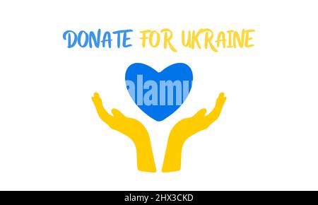 Spendenkonzept. Hände und Herz in ukrainischen Farben mit Text : Spenden für die Ukraine. Internationaler Konflikt um die Ukraine. Ukrainisch-russisches Militär Stockfoto