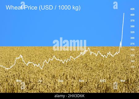 Ukraine. 09. März 2022. Ukraine-Konflikt – innerhalb von zwei Wochen nach dem Einmarsch Russlands in die Ukraine sind die Weizenpreise um fast 50 % gestiegen, um ein 14-Jahres-hoch zu erreichen, was die weltweiten Lebensmittelpreise unter Druck setzt. Die Weizenproduktion in der Ukraine und Russland macht 30 % der weltweiten Weizenexporte aus. (Weizenpreisdiagramm überlagert auf einem Bild eines Weizenfeldes mit einem klaren blauen Himmel, der die ukrainische Flagge darstellt). Kredit: Alison Eckett / Alamy Stockfoto