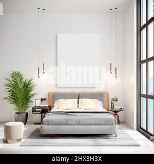 Posterrahmen im modernen Innenhintergrund, Schlafzimmer, Boho - skandinavischer Stil, 3D Render, 3D Illustration Stockfoto