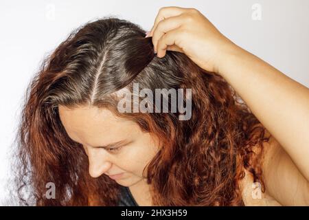 Nahaufnahme einer Frau, die die Hand nach hinten drückt, um die grauen Haarwurzeln auf weißem Hintergrund zu zeigen. Nachwachsende Wurzeln, die einer Wiederkölerung bedürfen. Anti Stockfoto