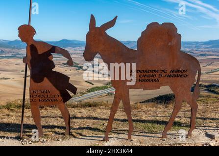 Die Bronze-Stahlskulptur auf dem Alto del Perdon (Berg der Vergebung) auf dem Camino de Santiago bei Uterga, Pamplona, Spanien Stockfoto