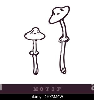 Handgezeichnetes Wildpilz-Vektormotiv. Nahtlose trendige lila Biologie Pilze für Clip Art. Dekorative Ikone des wilden Pilzes. Stock Vektor