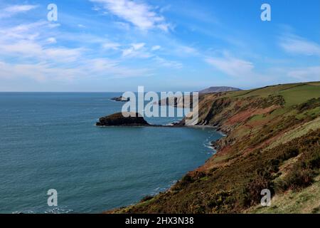 Der Wales Coast Path zwischen Porth Ysgo und Aberdaron mit Blick auf den Maen Gwenonwy. Stockfoto