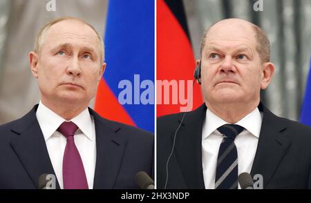 Moskau, Russland. 15th. Februar 2022. KOMBO - Bundeskanzler Olaf Scholz (SPD, r) und der russische Präsident Wladimir Putin blicken nach mehrstündigen Einzelgesprächen auf einer gemeinsamen Pressekonferenz nach. Quelle: Kay Nietfeld/dpa/Alamy Live News Stockfoto