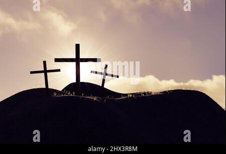 Drei Kreuze auf einem Hügel, Auferstehung Jesu Christi, Kreuzigung, 3D Rendering Stockfoto