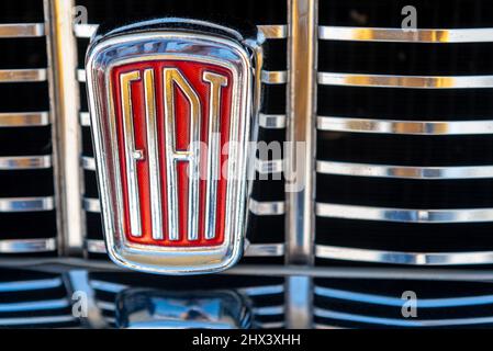 Benevagienna, Cuneo, Italien - 10. April 2016: Nahaufnahme des alten Fiat-Markenlogos auf dem Auto Fiat 1500 aus dem Jahr 1968 Stockfoto