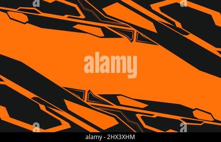 Technologie futuristischer abstrakter Hintergrund für Roboterspiele in Orange und Schwarz. Technoflacher Hintergrund. Abstraktes mechanisches geometrisches Formdesign. Stock Vektor