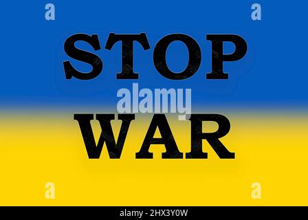 Ukrainische Flagge mit dem Namen STOP war in schwarz und bunt, ukraine Stockfoto