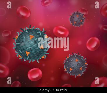 Viren realistische Zusammensetzung mit bunten Bildern von Virusbakterien und Blutzellen, die in roten Flüssigkeitsvektoren schwimmen Stock Vektor