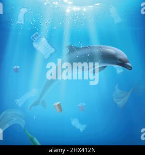 Delphin und Verschmutzung im Meer realistische Zusammensetzung mit Delphin schwimmt in der Mitte von Plastikmüll Vektor-Illustration Stock Vektor