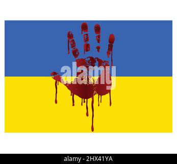 Blutiger Handdruck tropfendes Blut auf ukrainischer Flagge auf ukrainischem Antikriegsvektor isoliert auf weißem Hintergrund Stock Vektor