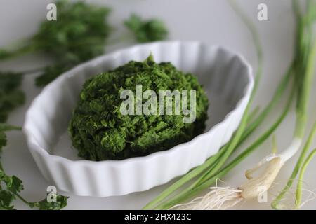 Würzige grüne Knoblauchwürze, zubereitet mit Frühlingsknoblauchzehen, Korianderblättern, grünen Chilis und Kokosöl. Allgemein bekannt als Hara lehsun chutney. Sh Stockfoto