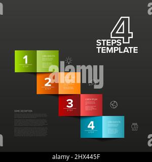 Vektor vier einfache bunte gefaltete Papier Schritte Fortschritt Vorlage mit Beschreibungen und Symbolen. Diagonal Set od gefaltete Papiere als vier Schritte des Verfahrens Stock Vektor