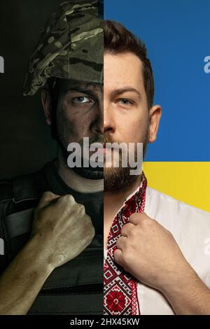 Halbgesichtige Porträts von Menschen in Militäruniform und ukrainischer Nationalkleidung namens Vyschywanka. Nahaufnahme, zusammengesetztes Bild Stockfoto