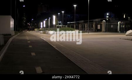 Nachtstadtpark und der leere gepflasterter Bürgersteig in der Nähe einer grünen Gasse. Weg im Park am späten Abend entlang der Laternen. Stockfoto