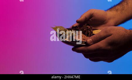 Der Mann übergibt eine Platte mit Gewürzen an die indische Frau mit vielen Armbändern und Mehendi an ihren Händen, isoliert auf hellem Hintergrund. Mann, der eine Reihe von Gewürzen hingibt Stockfoto