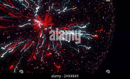 Schöner Stern explodiert und verwandelt sich in Tausende von kleinen Objekten und Impulse auf schwarzem Hintergrund icolated. Schöne rotierende runde Figur. Stockfoto