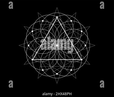 Magische Dreieckszeichen der heiligen Geometrie, drittes Augenzeichen. Geometrisches mystisches Mandala der Alchemie esoterische Blume des Lebens. Weiße Linie Art Vektor Kreis ZEICHEN Stock Vektor