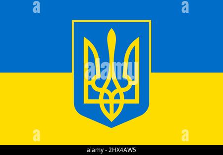 Wappen der Ukraine. Trident-Symbol. Staatsemblem auf dem Hintergrund auf der Flagge. Ukrainische Nationalflagge. Vektorgrafik. Stock Vektor