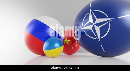 Abstract Krieg gegen die ukraine Flagge mit Flaggen von russland, der ukraine, polen, china und der NATO 3D Darstellung Stockfoto