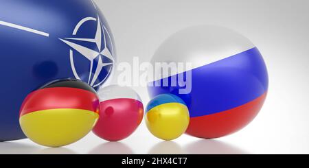 Abstract Krieg gegen die ukraine Flagge mit Flaggen von russland, der ukraine, polen, deutschland und der NATO 3D Darstellung Stockfoto