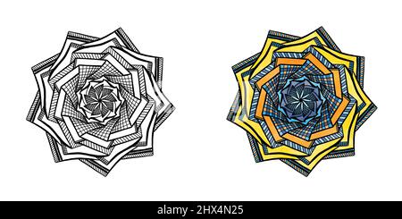 mandala Ornament zum Ausmalen - Umriss und nebeneinander gefärbt Stockfoto