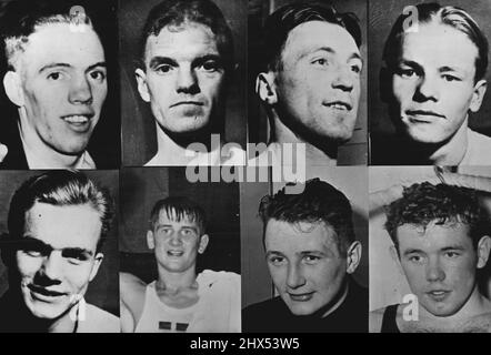 Schwedische Olympiasieger - führende schwedische Boxer, die an den Olympischen Spielen teilnehmen werden. Von links nach rechts obere Reihe: Roland Johansson; Fliegengewicht. Roy Swedberg; Bantam-Gewicht. Ake Waernstroem; Federgewicht. Berndt Johnasson; leicht. Von links nach rechts untere Reihe: Gert Strahle; Licht-Mittelgewicht. Stig Sjoeling: Mittleres Gewicht. Rolf Storm; Leicht-Schwer. Ingemar Johansson; Schwer. 01. März 1952. (Foto von Paul Popper). Stockfoto