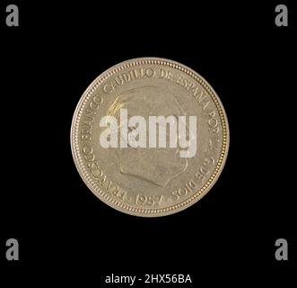 50 Pesetas Münze von Spanien, das Porträt von Francisco Franco Caudillo zeigt Stockfoto