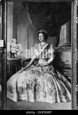 Queen's Portrait für „Queen Elizabeth“: Ein neues Porträt Ihrer Majestät der Königin von Kapitän Oswald Birley, M.C., R.O.I., hing in der Hauptlounge der 'Queen Elizabeth', die heute (Mittwoch, 28.. Juli) zum ersten Mal in ihrem Setting zu sehen sein wird, wenn ihre Majestäten, begleitet von Prinzessin Margaret, das Schiff in Southampton besuchen. Das Porträt wurde für Cunard White Star mit Genehmigung der Queen gemalt, um den Start der 'Queen Elizabeth' durch Ihre Majestät zu markieren und auch den königlichen Besuch des Schiffes am 8.. Oktober 1946, während der Versuche im ersten von Clyde. 23. Juli 1948. (Foto Stockfoto