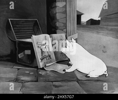 Schneeball -- Napoleons Rivale im Kampf um die Kontrolle über Animal Farm -- arbeitet an seinen Plänen für einen windgetriebenen Generator. Das, so verspricht er den Tieren, bedeutet elektrisches Licht und Zentralheizung in Stall und Sty, Kuhstall und Hühnerlauf. Aus dem Trickfilm The Halas, Batchelor Technicolor von George Orwells 'Animal Farm'. 22. Oktober 1953. Stockfoto